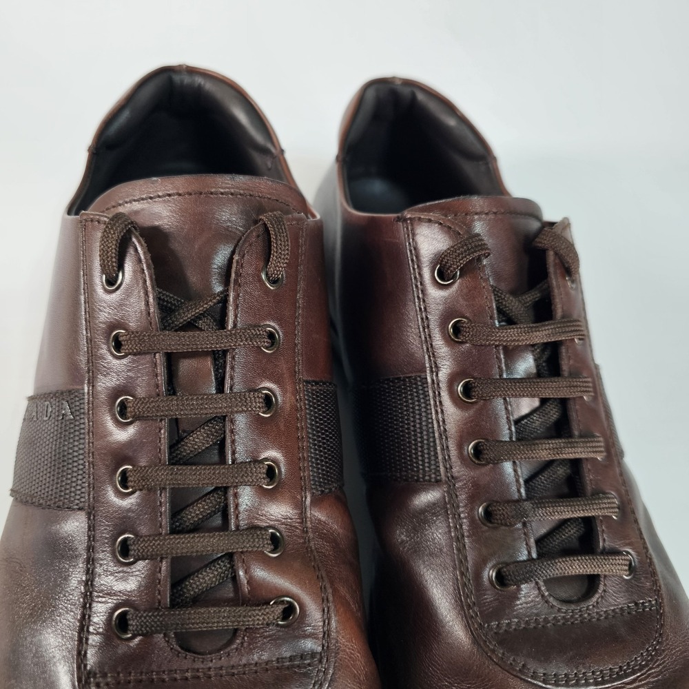 PRADA Sport Leather Low Sneakers Mens Size 11 Brown Solid Italy Shoes Luxury - Picture 6 of 16